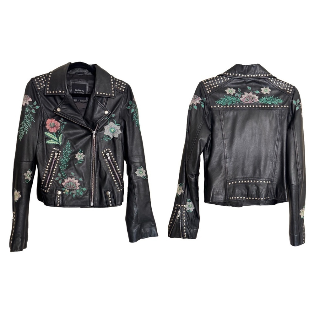 Barney's Original Floral Embroidered Studded 100% Leather Jacket Size 8 Motto - Picture 2 of 16